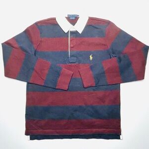 VTG Ralph Lauren Red and Navy Rugby Striped Polo L 100%Cotton